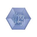 6 stk. sekskantede blå tallerkner med Happy Bday i sølv