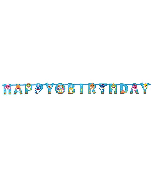 Flot Baby Shark banner med Happy Birthday. 
