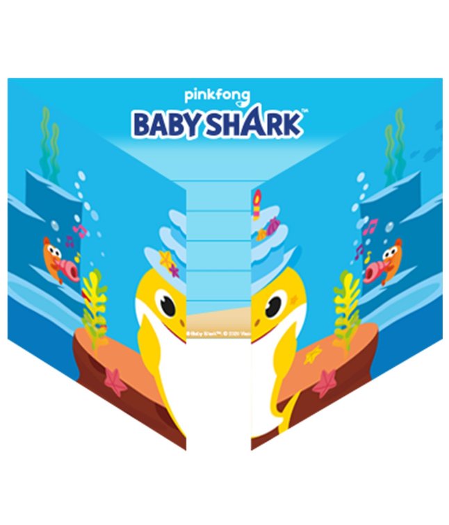 Flotte Baby Shark invitationer med kuverter.