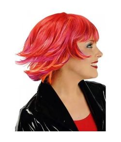 Farverig paryk med neon orange, lilla og røde hår. 