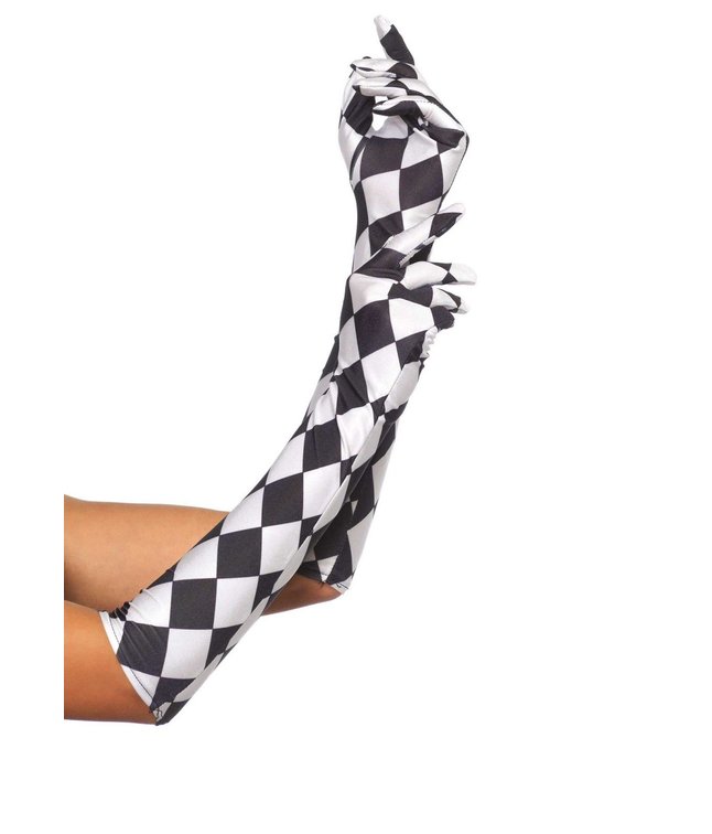 Lange handsker i satin, med harlequin print