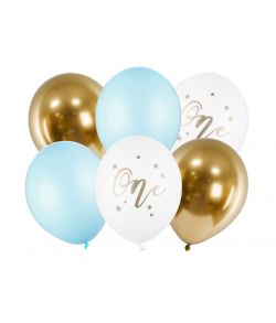 Flot lyseblå og guld ballonbuket til ét års fødselsdagen