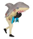 Oppusteligt haj kostume med ben hængende i munden.
