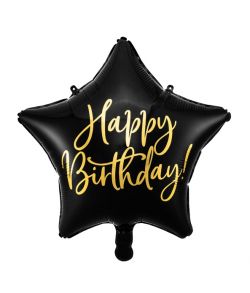 Flot sort stjerne folieballon med Happy Birthday guld skrift.