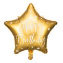 Flot guld stjerne folieballon med Happy Birthday i hvid skrift.