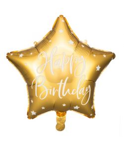 Flot guld stjerne folieballon med Happy Birthday i hvid skrift.
