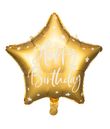 Flot guld stjerne folieballon med Happy Birthday i hvid skrift.