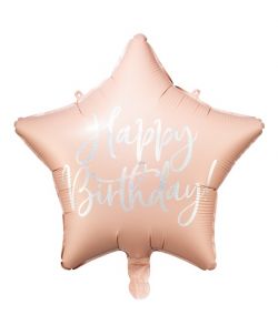 Flot lys pudder pink stjerne folieballon med Happy Birthday med sølv skrift. 