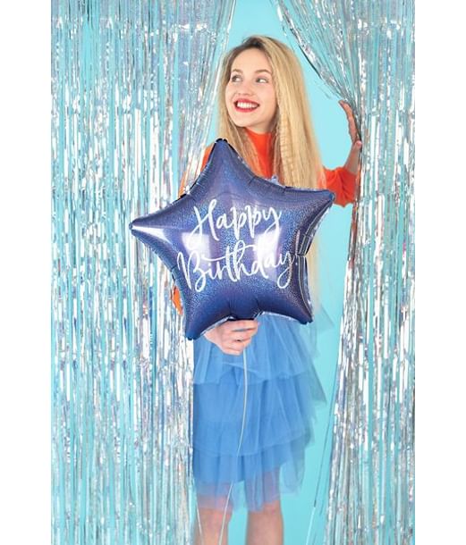 Flot blå stjerne folieballon med Happy Birthday