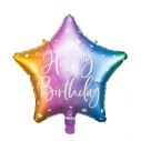 Flot regnbue farvet stjerne folieballon med Happy Birthday med hvid skrift.