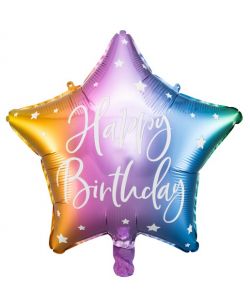 Flot regnbue farvet stjerne folieballon med Happy Birthday med hvid skrift.