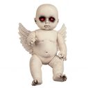 Uhyggelig baby engel dukke med lysende øjne.