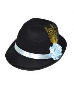 Bavarian hat sort med blomster og fjer.