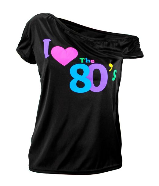 Smart sort bluse med I love the 80s tryk til 80er festen.