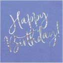 20 stk. blå servietter med teksten 'Happy Birthday' i sølvglimmer
