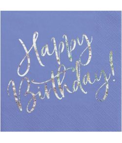 20 stk. blå servietter med teksten 'Happy Birthday' i sølvglimmer