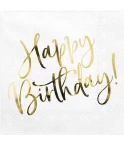 20 stk. hvide servietter med teksten 'Happy Birthday' i guld