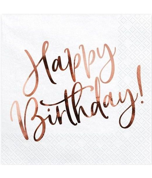20 stk. hvide servietter med teksten 'Happy Birthday' i rose gold