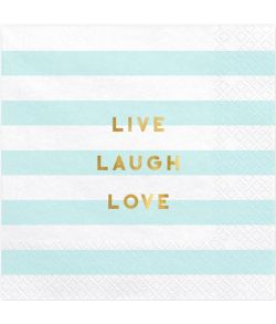 Flotte hvid og lyseblå servietter med Live Laugh Love.