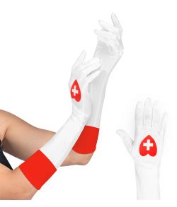 Flot lange handsker med rødt hjerte til Sygeplejerske udklædningen.