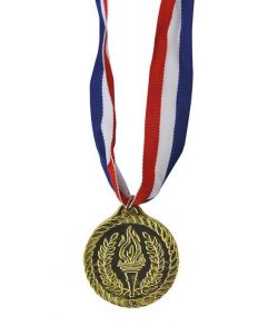 Flot guld medalje i plastik med den olympiske fakkel. 