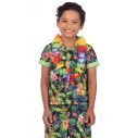Flot Hawaii sæt med farverige shorts, skjorte og blomsterkrans.