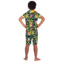 Flot Hawaii sæt med farverige shorts, skjorte og blomsterkrans.