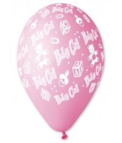 Flotte lyserøde balloner med baby motiver.