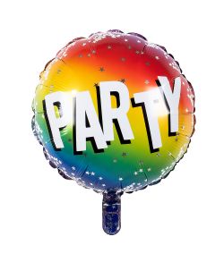 Flot rund regnbuefarvet folieballon med PARTY.