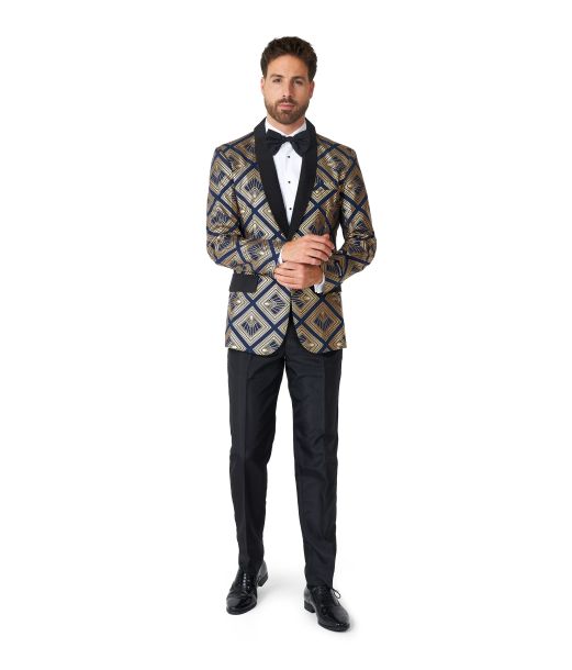 Flot Suitmeister med marineblå blazer med guld mønster.