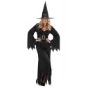 Flot sort hekse kostume med kjole, hat og bælte.