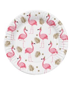 Flotte tallerkner med flamingoer.