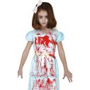 Uhyggeligt pige kostume med blodig kjole til halloween.