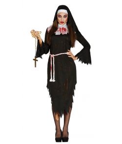 Zombie Nonne kostume med kjole, bælte og hovedbeklædning.