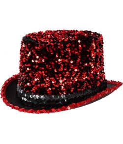 Høj hat med røde pailletter.