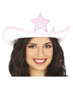 Hvid cowboyhat med lyserød stjerne.
