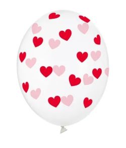 6 stk. klare latexballoner med røde hjerter