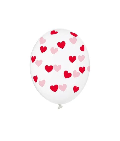 6 stk. klare latexballoner med røde hjerter