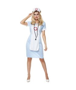 Flot sygeplejerske kostume med lyseblå kjole.