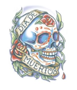 Kunstig tatovering La Rosa med Day of the Dead kranie.