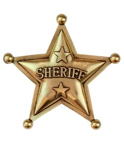 Sheriff stjerne i guldfarvet metal.