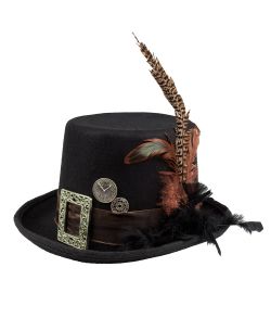 Flot Steampunk hat med fjer og gear.