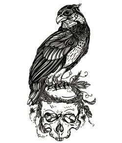 Fugl og kranie tatovering.
