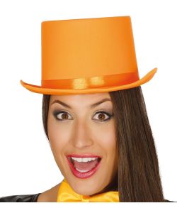 Orange høj hat med satin bånd til udklædning.