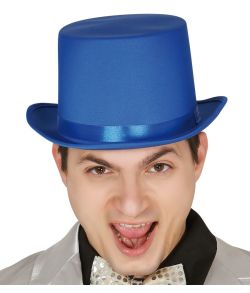 Blå høj hat med satin bånd til kostume.