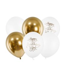 Ballonbuket Happy Birthday, guld og hvid