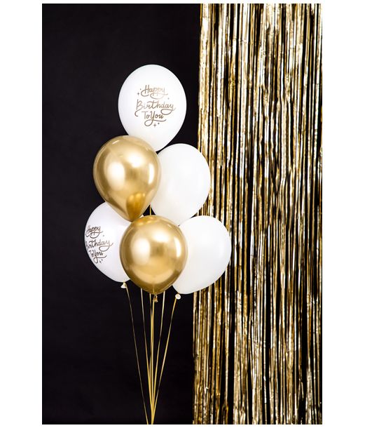 Ballonbuket Happy Birthday, guld og hvid