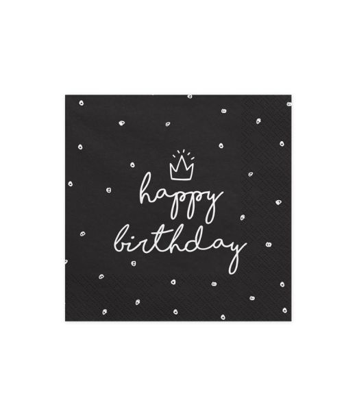 Sorte Happy Birthday servietter, 20 stk