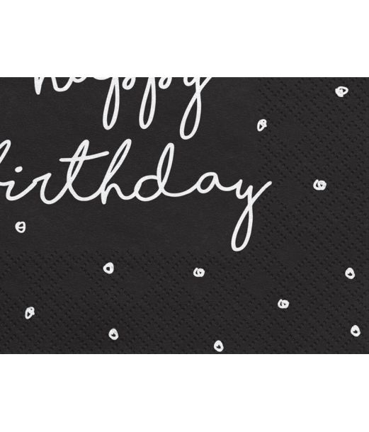 Sorte Happy Birthday servietter, 20 stk