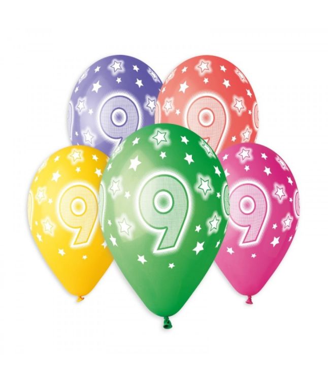Tal balloner 9 år, 5 stk